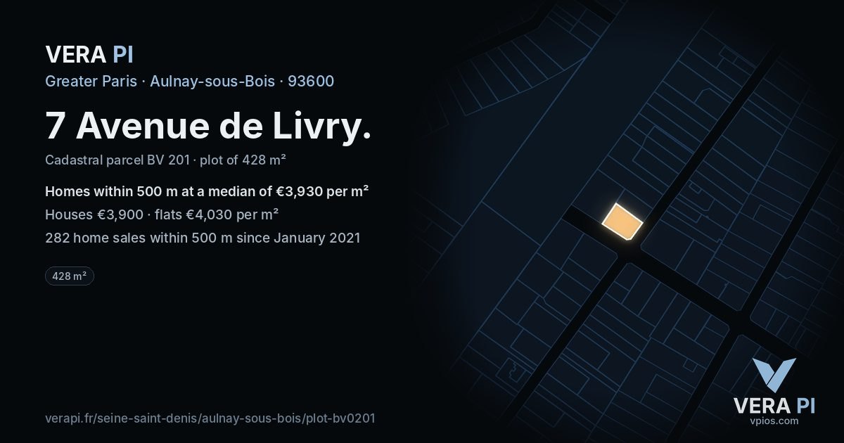 7 Avenue de Livry, Aulnay-sous-Bois at night – the plot lit, the parcels around coloured by the prices near them
