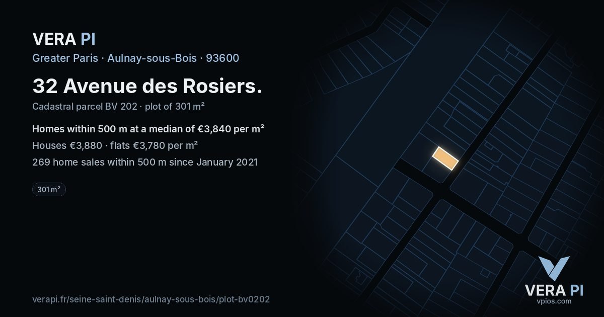 32 Avenue des Rosiers, Aulnay-sous-Bois at night – the plot lit, the parcels around coloured by the prices near them