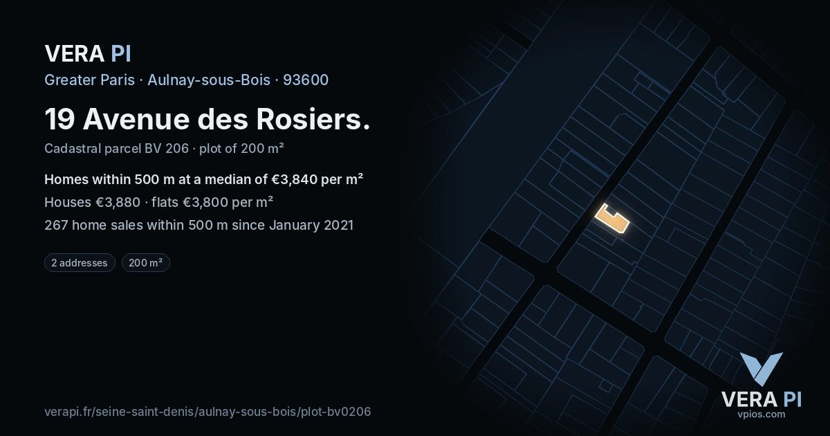 19 Avenue des Rosiers, Aulnay-sous-Bois at night – the plot lit, the parcels around coloured by the prices near them