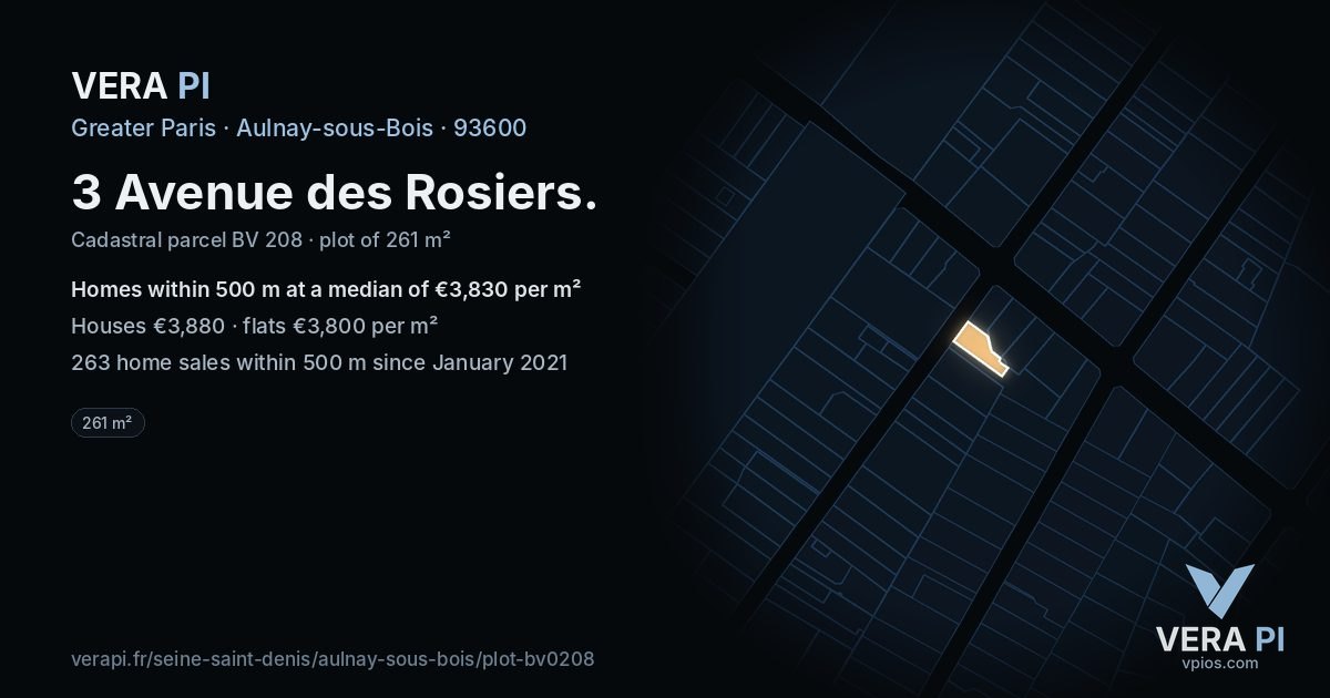 3 Avenue des Rosiers, Aulnay-sous-Bois at night – the plot lit, the parcels around coloured by the prices near them