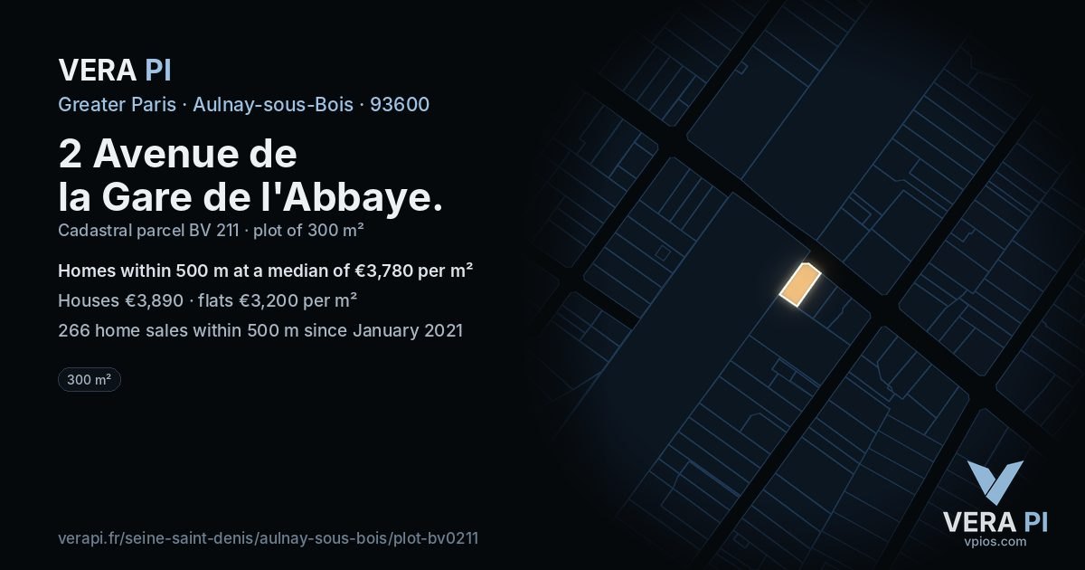 2 Avenue de la Gare de l'Abbaye, Aulnay-sous-Bois at night – the plot lit, the parcels around coloured by the prices near them