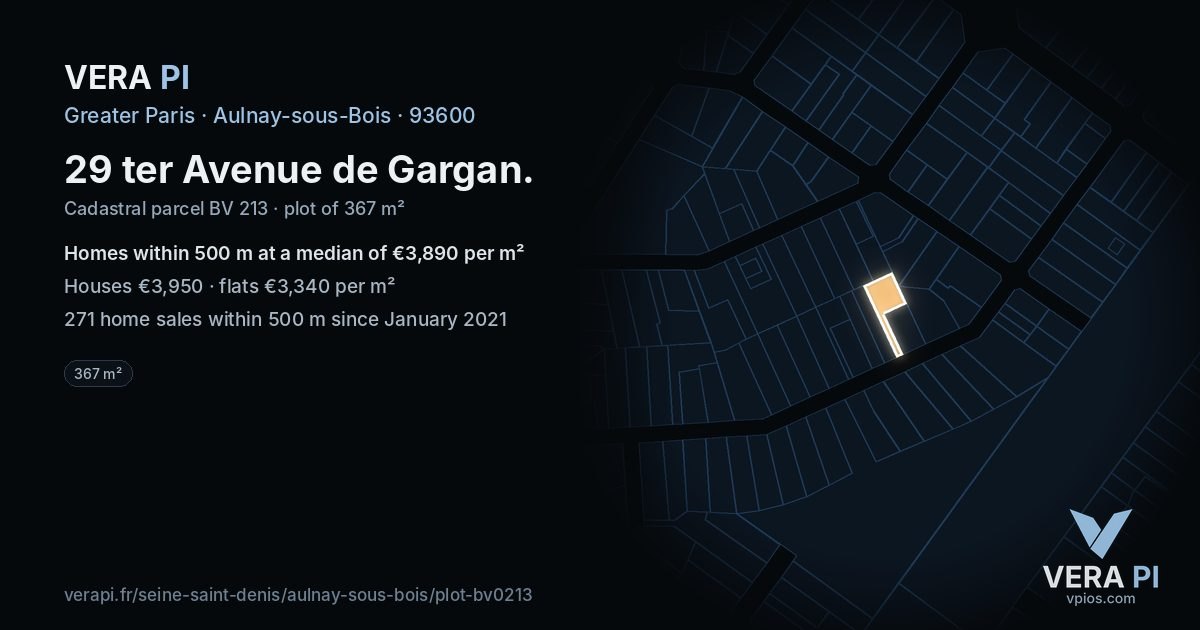 29 ter Avenue de Gargan, Aulnay-sous-Bois at night – the plot lit, the parcels around coloured by the prices near them