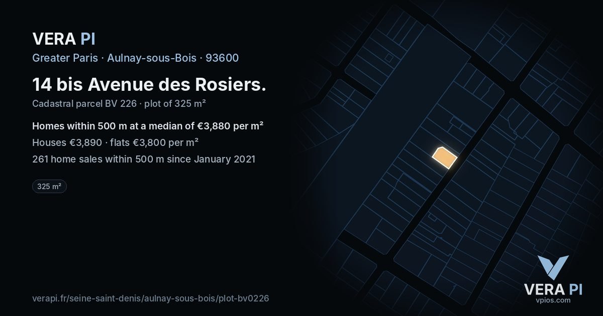 14 bis Avenue des Rosiers, Aulnay-sous-Bois at night – the plot lit, the parcels around coloured by the prices near them