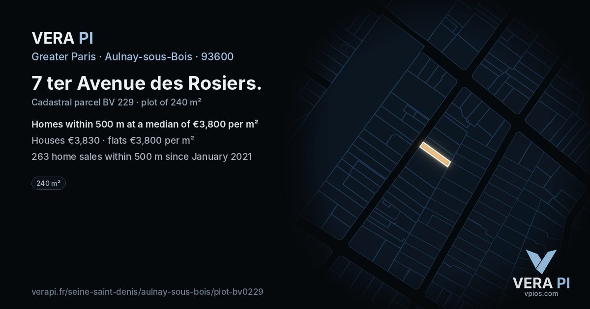 7 ter Avenue des Rosiers, Aulnay-sous-Bois at night – the plot lit, the parcels around coloured by the prices near them