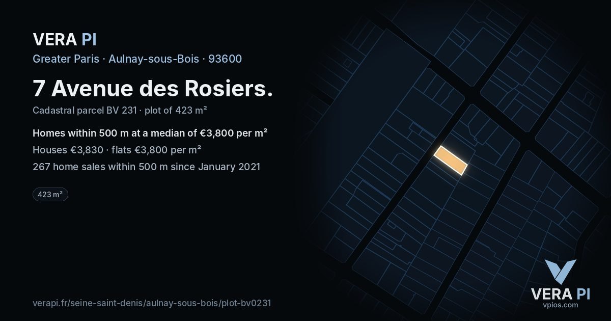 7 Avenue des Rosiers, Aulnay-sous-Bois at night – the plot lit, the parcels around coloured by the prices near them