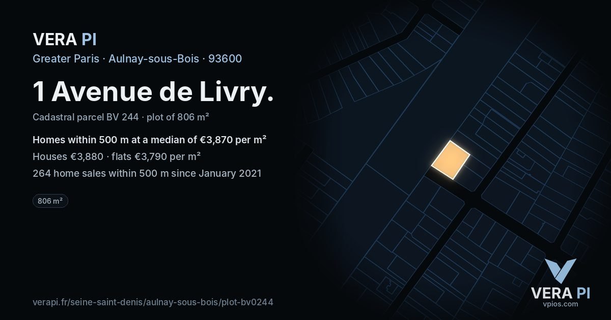 1 Avenue de Livry, Aulnay-sous-Bois at night – the plot lit, the parcels around coloured by the prices near them