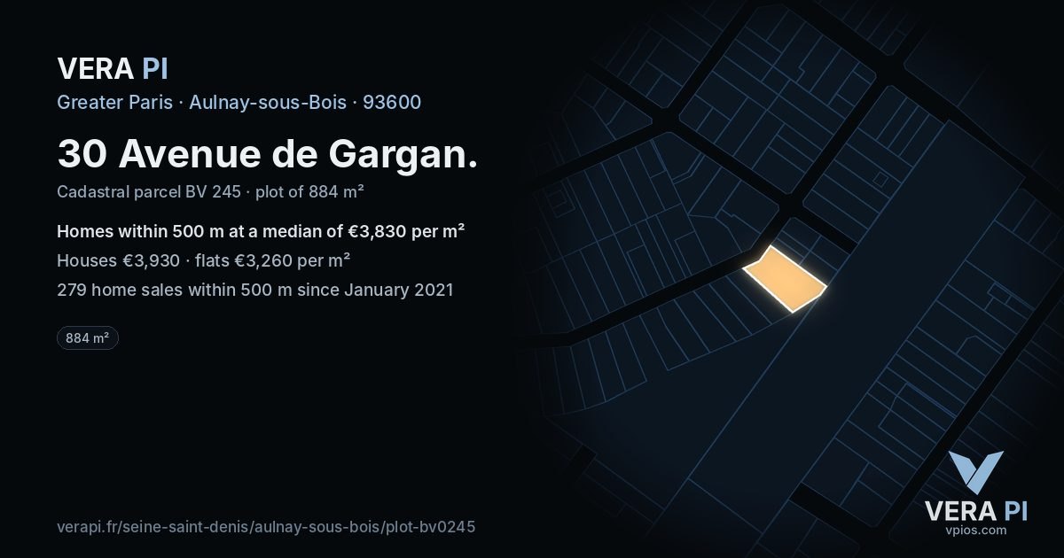 30 Avenue de Gargan, Aulnay-sous-Bois at night – the plot lit, the parcels around coloured by the prices near them