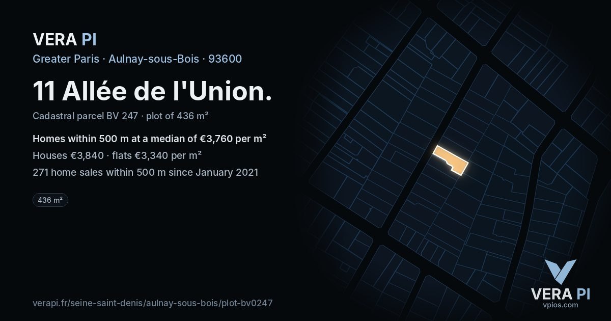 11 Allée de l'Union, Aulnay-sous-Bois at night – the plot lit, the parcels around coloured by the prices near them