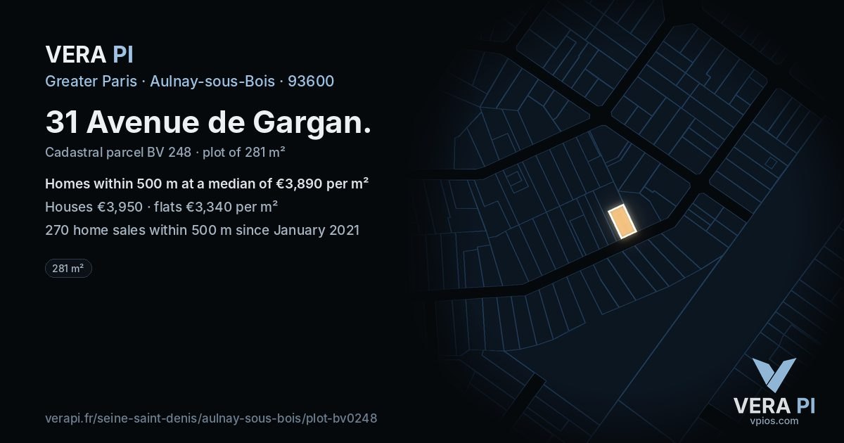 31 Avenue de Gargan, Aulnay-sous-Bois at night – the plot lit, the parcels around coloured by the prices near them