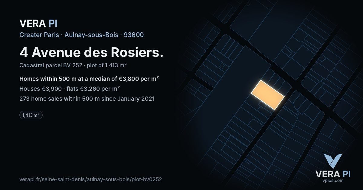 4 Avenue des Rosiers, Aulnay-sous-Bois at night – the plot lit, the parcels around coloured by the prices near them