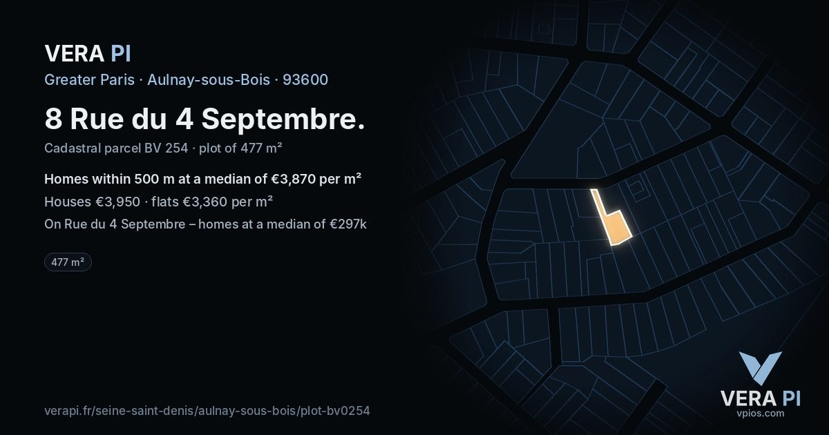 8 Rue du 4 Septembre, Aulnay-sous-Bois at night – the plot lit, the parcels around coloured by the prices near them