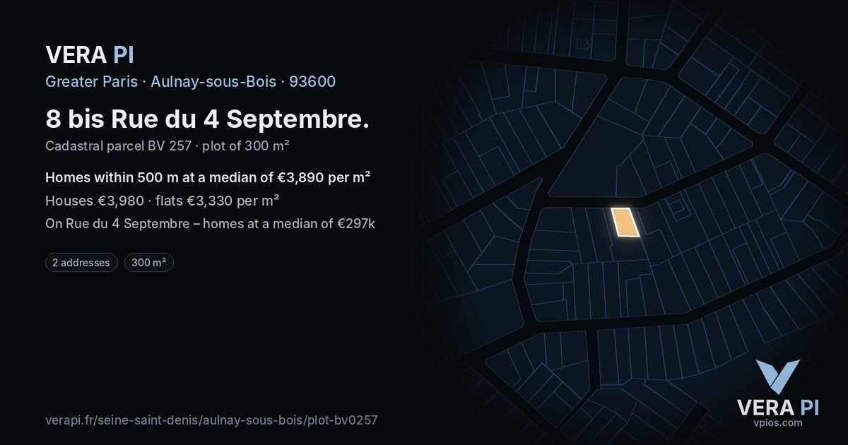 8 bis Rue du 4 Septembre, Aulnay-sous-Bois at night – the plot lit, the parcels around coloured by the prices near them