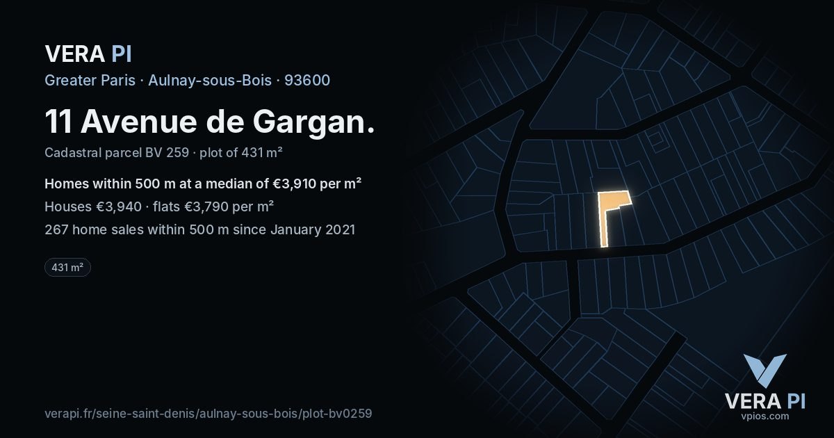11 Avenue de Gargan, Aulnay-sous-Bois at night – the plot lit, the parcels around coloured by the prices near them