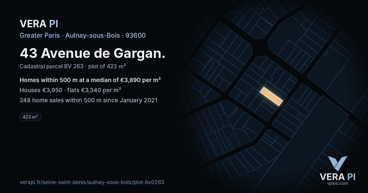43 Avenue de Gargan, Aulnay-sous-Bois at night – the plot lit, the parcels around coloured by the prices near them