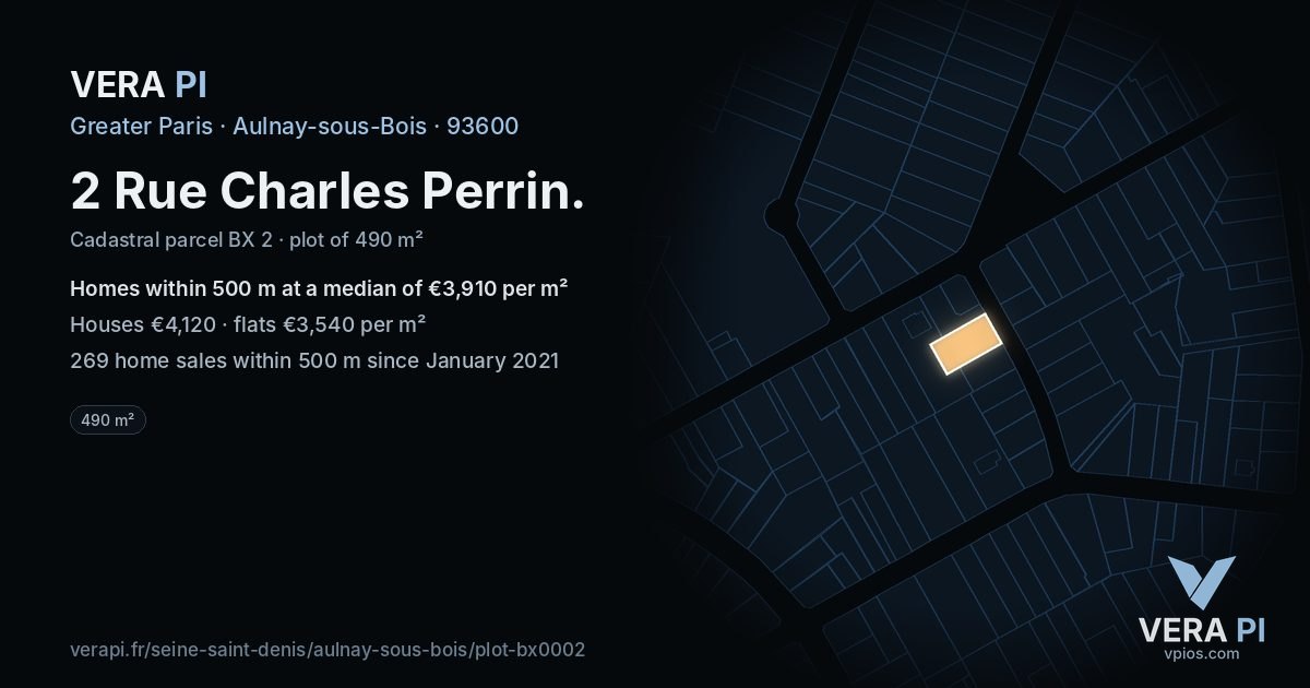 2 Rue Charles Perrin, Aulnay-sous-Bois at night – the plot lit, the parcels around coloured by the prices near them
