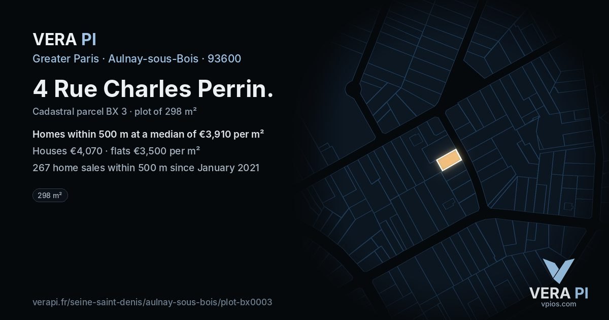 4 Rue Charles Perrin, Aulnay-sous-Bois at night – the plot lit, the parcels around coloured by the prices near them