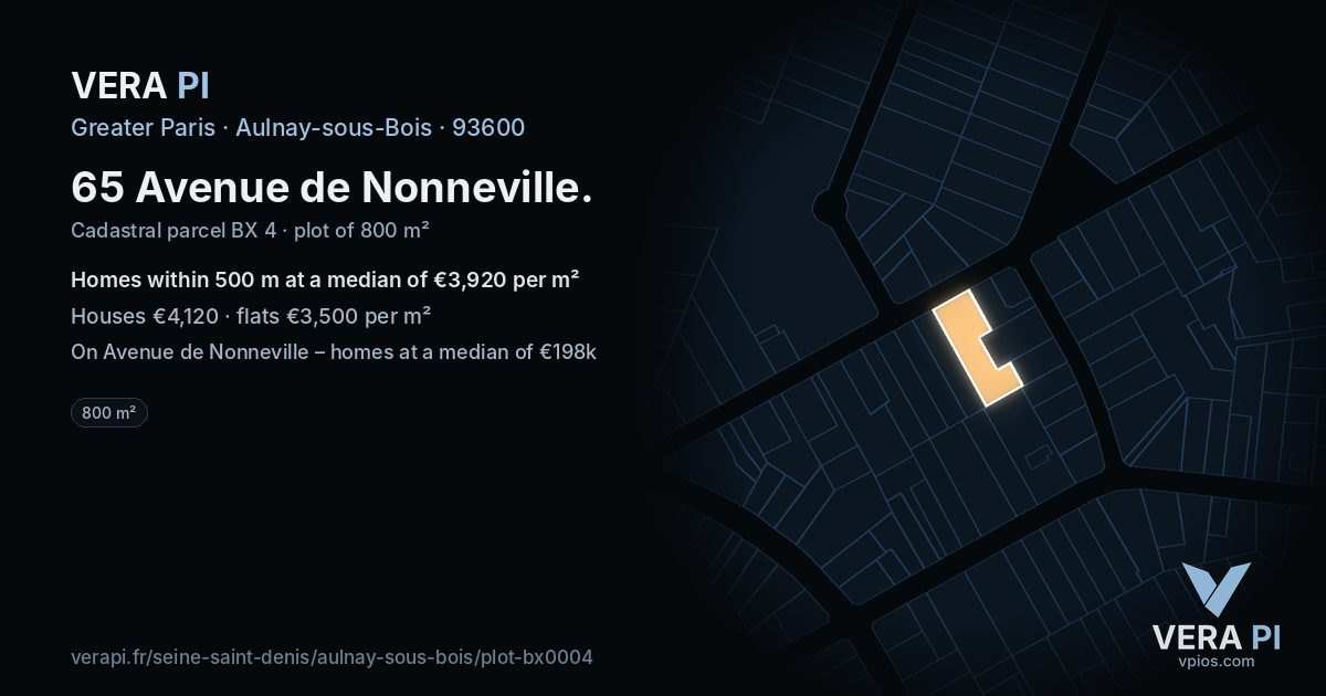 65 Avenue de Nonneville, Aulnay-sous-Bois at night – the plot lit, the parcels around coloured by the prices near them