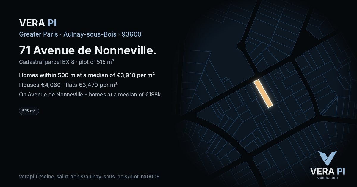 71 Avenue de Nonneville, Aulnay-sous-Bois at night – the plot lit, the parcels around coloured by the prices near them