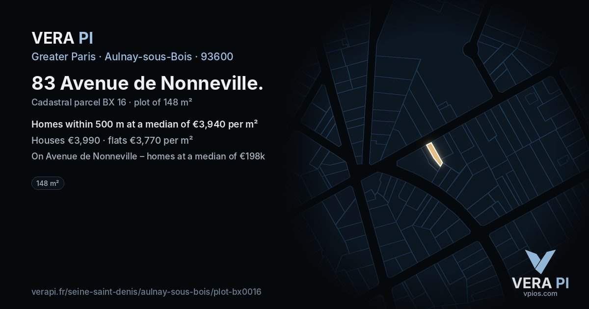 83 Avenue de Nonneville, Aulnay-sous-Bois at night – the plot lit, the parcels around coloured by the prices near them