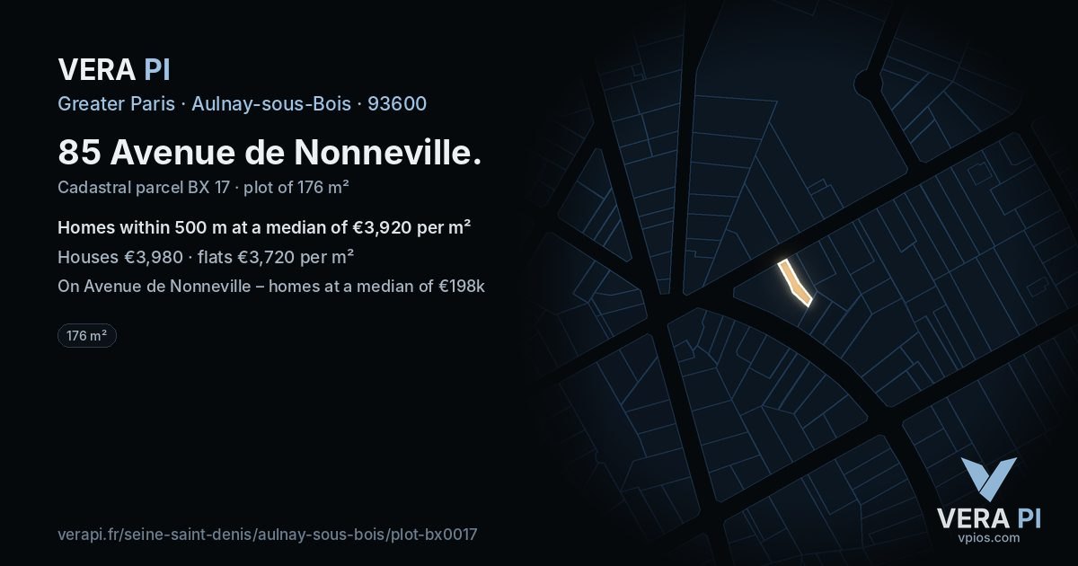 85 Avenue de Nonneville, Aulnay-sous-Bois at night – the plot lit, the parcels around coloured by the prices near them
