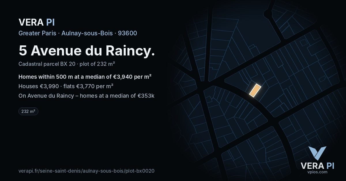 5 Avenue du Raincy, Aulnay-sous-Bois at night – the plot lit, the parcels around coloured by the prices near them