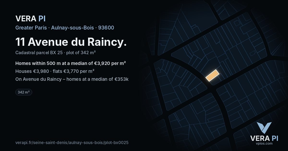 11 Avenue du Raincy, Aulnay-sous-Bois at night – the plot lit, the parcels around coloured by the prices near them