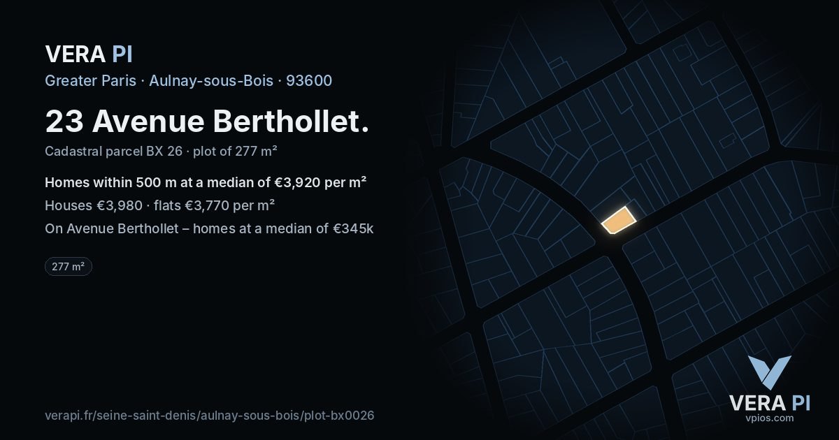 23 Avenue Berthollet, Aulnay-sous-Bois at night – the plot lit, the parcels around coloured by the prices near them