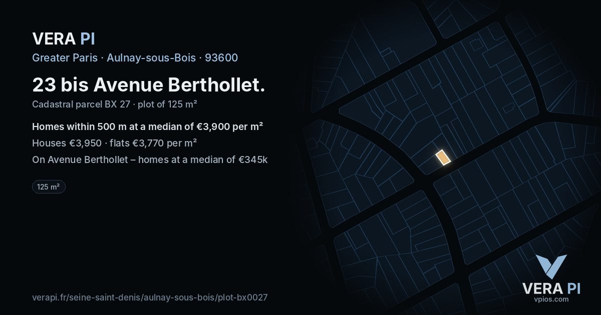 23 bis Avenue Berthollet, Aulnay-sous-Bois at night – the plot lit, the parcels around coloured by the prices near them