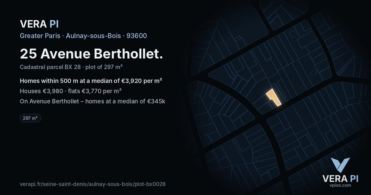 25 Avenue Berthollet, Aulnay-sous-Bois at night – the plot lit, the parcels around coloured by the prices near them