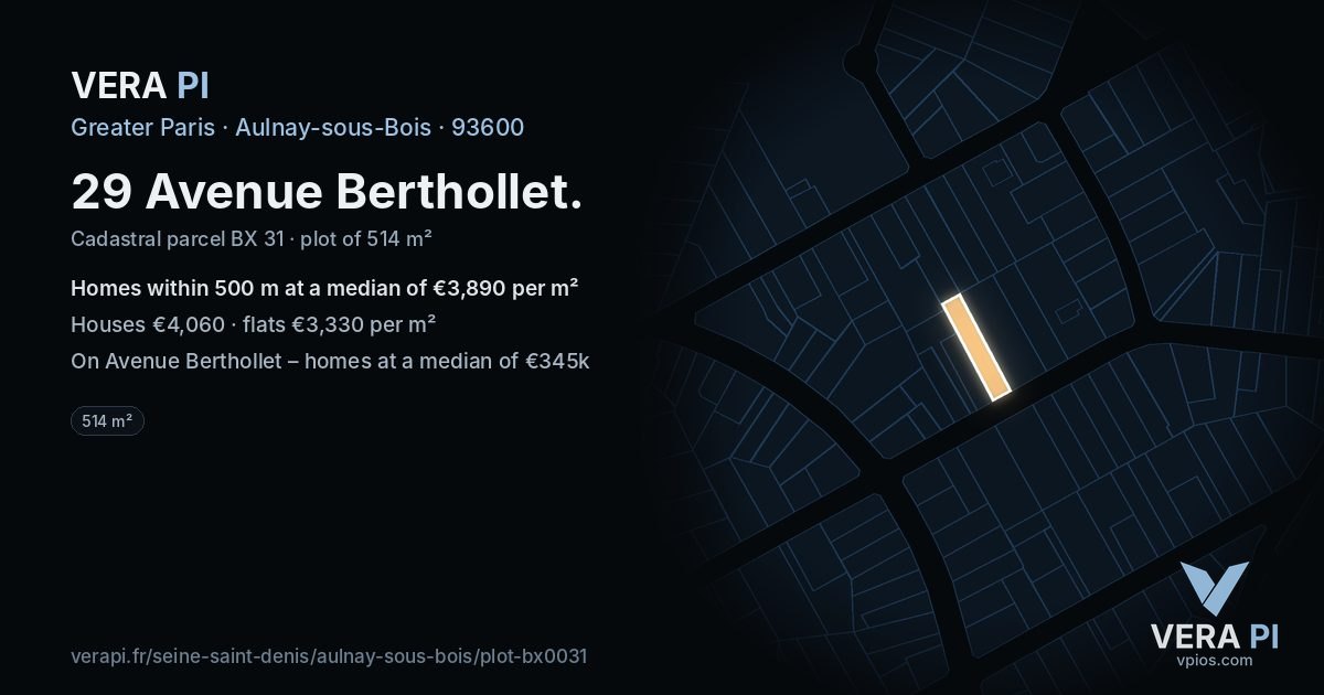 29 Avenue Berthollet, Aulnay-sous-Bois at night – the plot lit, the parcels around coloured by the prices near them