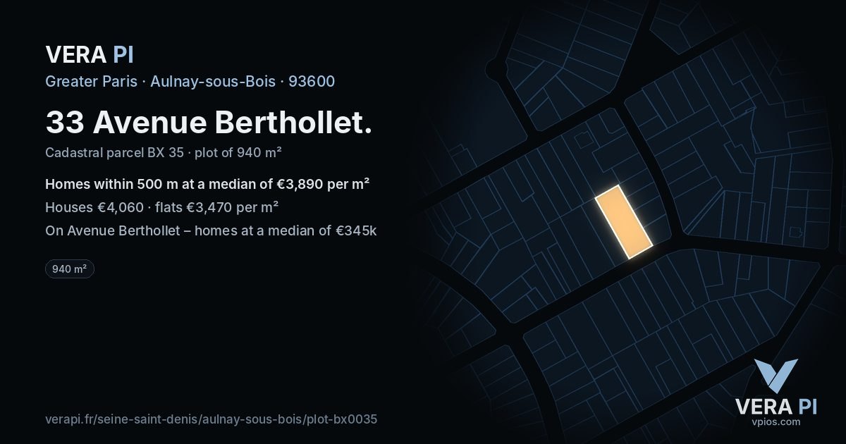 33 Avenue Berthollet, Aulnay-sous-Bois at night – the plot lit, the parcels around coloured by the prices near them
