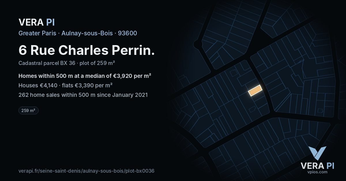 6 Rue Charles Perrin, Aulnay-sous-Bois at night – the plot lit, the parcels around coloured by the prices near them