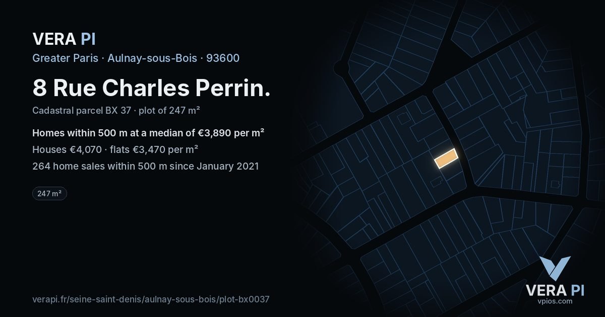8 Rue Charles Perrin, Aulnay-sous-Bois at night – the plot lit, the parcels around coloured by the prices near them