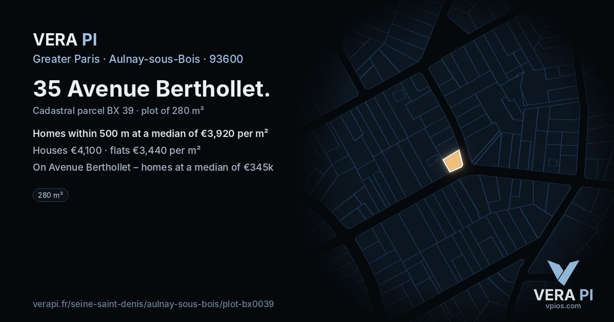 35 Avenue Berthollet, Aulnay-sous-Bois at night – the plot lit, the parcels around coloured by the prices near them