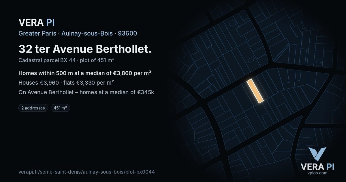 32 ter Avenue Berthollet, Aulnay-sous-Bois at night – the plot lit, the parcels around coloured by the prices near them