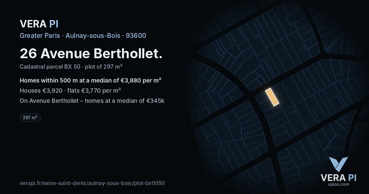 26 Avenue Berthollet, Aulnay-sous-Bois at night – the plot lit, the parcels around coloured by the prices near them