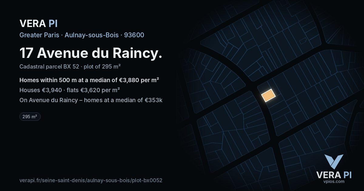 17 Avenue du Raincy, Aulnay-sous-Bois at night – the plot lit, the parcels around coloured by the prices near them