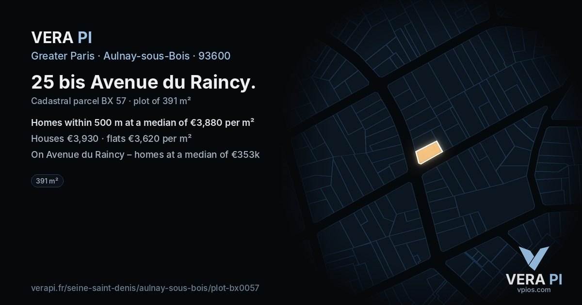 25 bis Avenue du Raincy, Aulnay-sous-Bois at night – the plot lit, the parcels around coloured by the prices near them