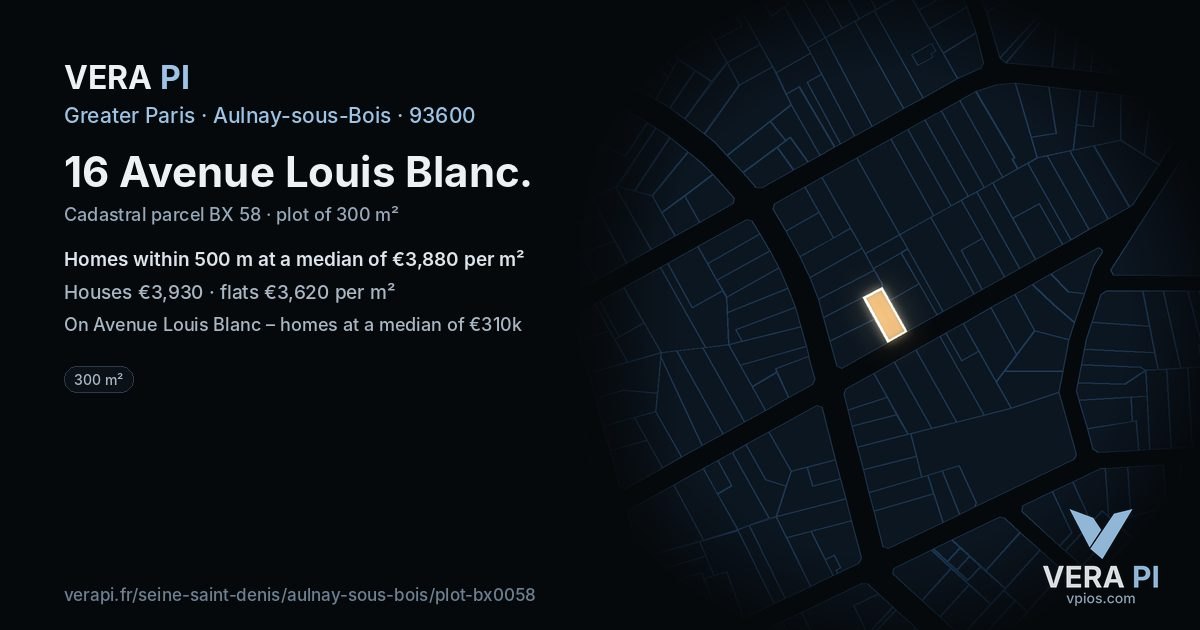 16 Avenue Louis Blanc, Aulnay-sous-Bois at night – the plot lit, the parcels around coloured by the prices near them