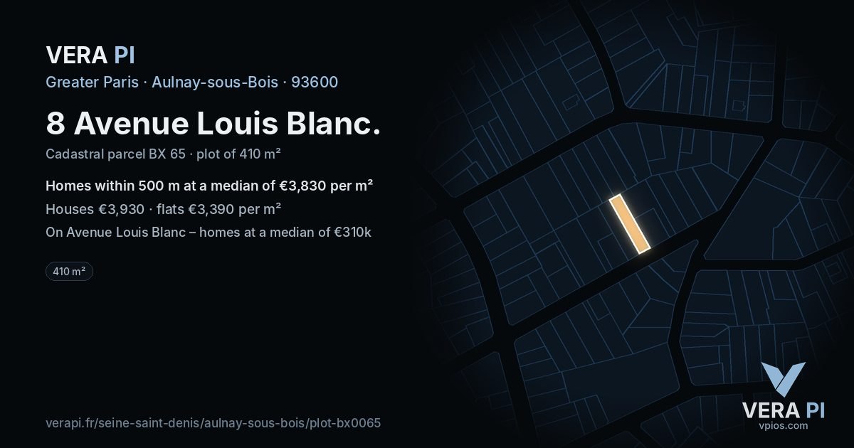 8 Avenue Louis Blanc, Aulnay-sous-Bois at night – the plot lit, the parcels around coloured by the prices near them