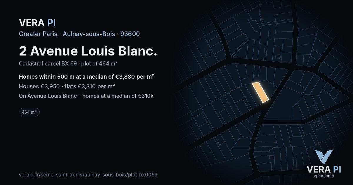 2 Avenue Louis Blanc, Aulnay-sous-Bois at night – the plot lit, the parcels around coloured by the prices near them