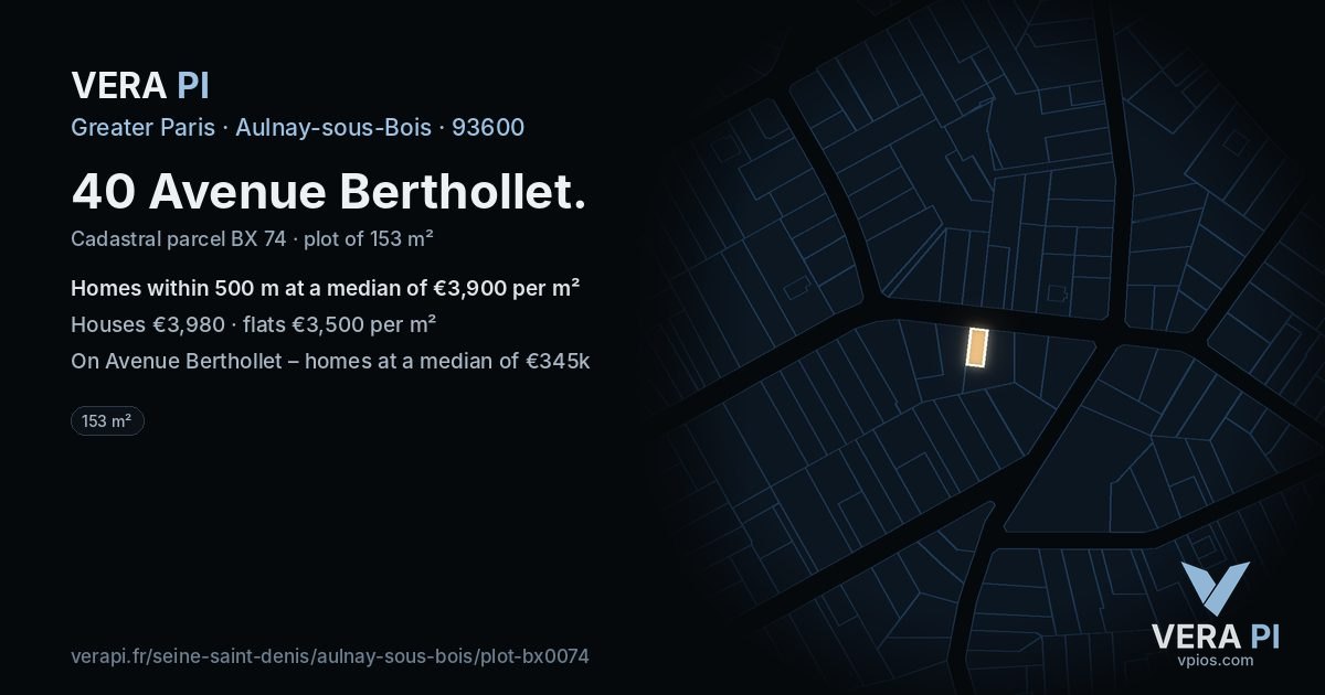 40 Avenue Berthollet, Aulnay-sous-Bois at night – the plot lit, the parcels around coloured by the prices near them