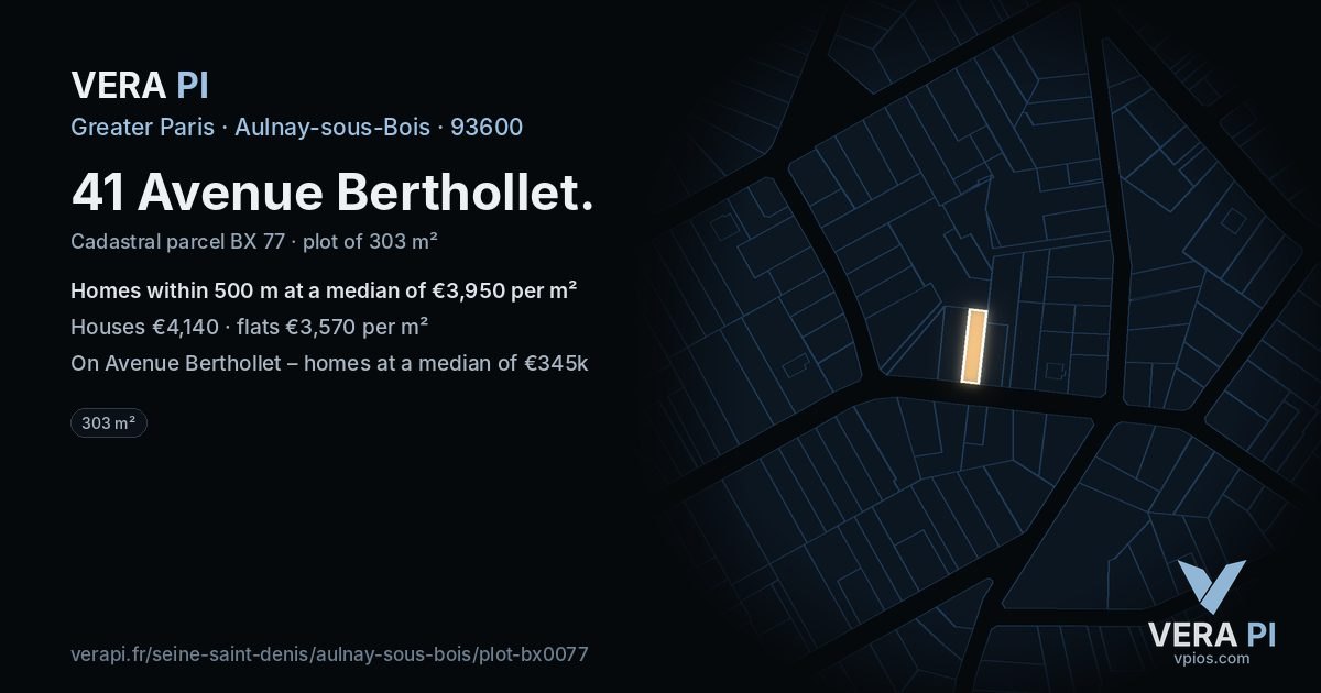 41 Avenue Berthollet, Aulnay-sous-Bois at night – the plot lit, the parcels around coloured by the prices near them