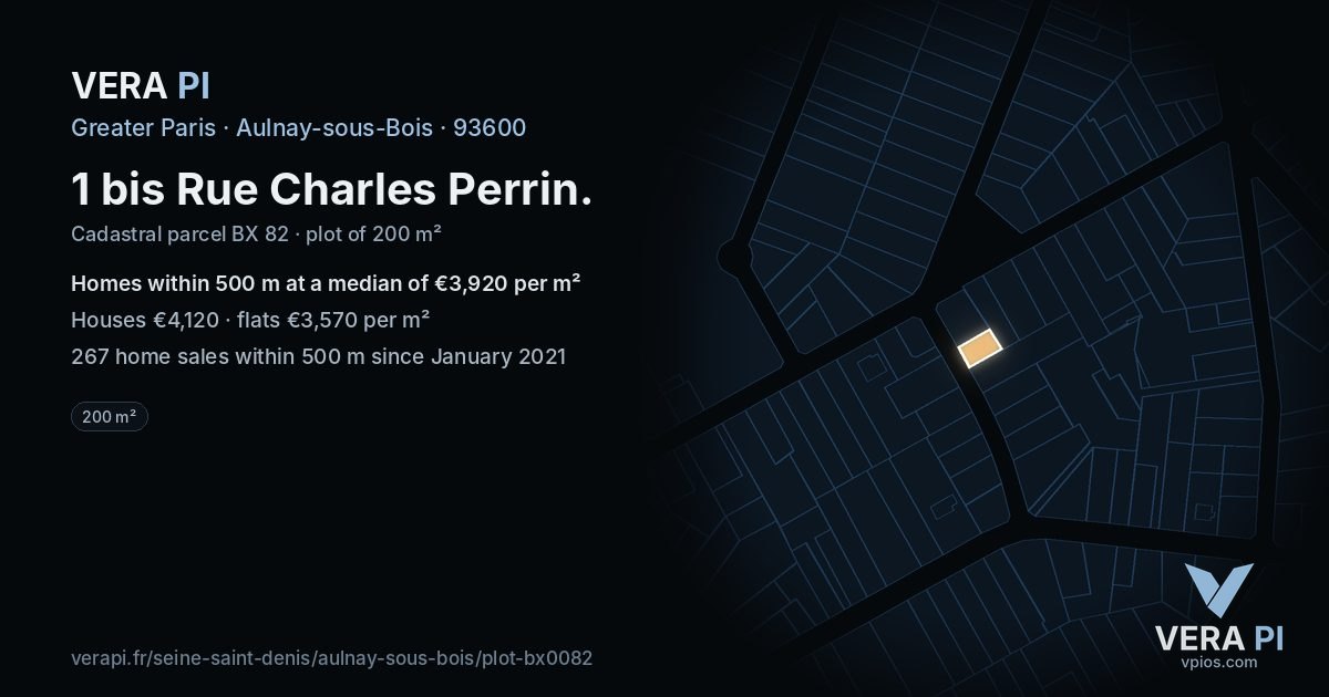 1 bis Rue Charles Perrin, Aulnay-sous-Bois at night – the plot lit, the parcels around coloured by the prices near them