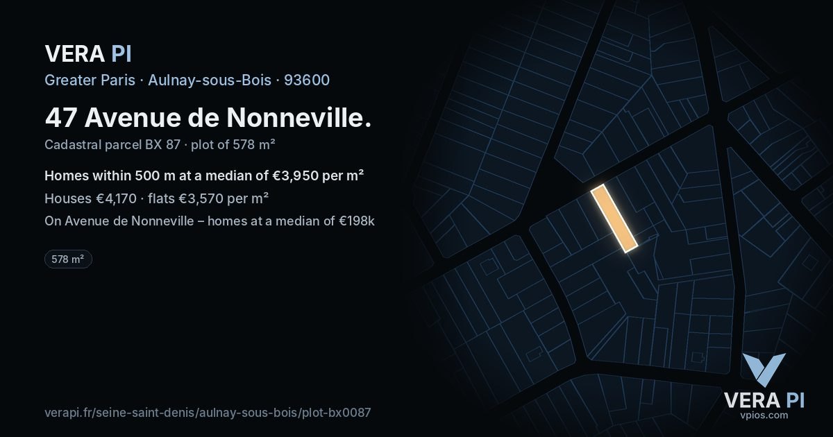 47 Avenue de Nonneville, Aulnay-sous-Bois at night – the plot lit, the parcels around coloured by the prices near them