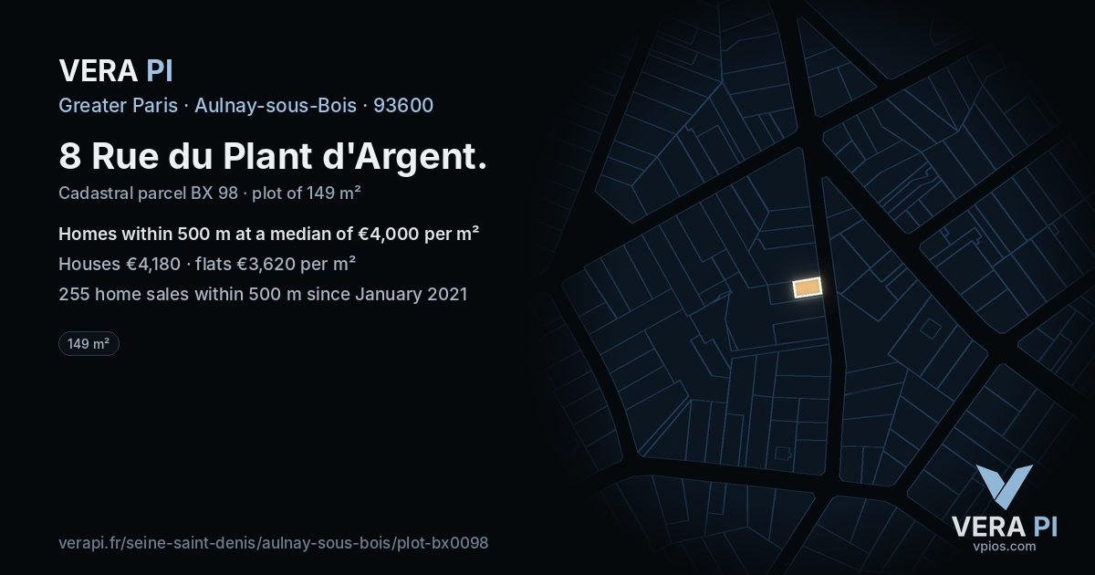 8 Rue du Plant d'Argent, Aulnay-sous-Bois at night – the plot lit, the parcels around coloured by the prices near them