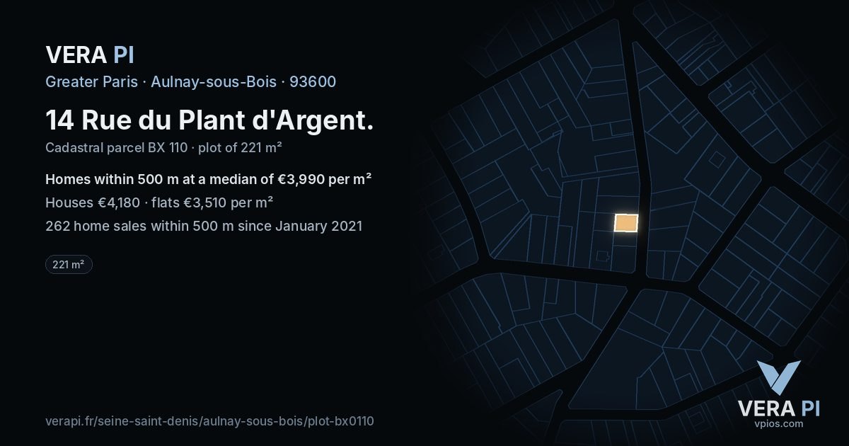 14 Rue du Plant d'Argent, Aulnay-sous-Bois at night – the plot lit, the parcels around coloured by the prices near them