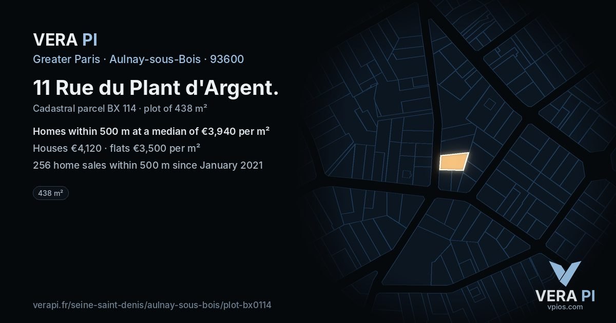 11 Rue du Plant d'Argent, Aulnay-sous-Bois at night – the plot lit, the parcels around coloured by the prices near them