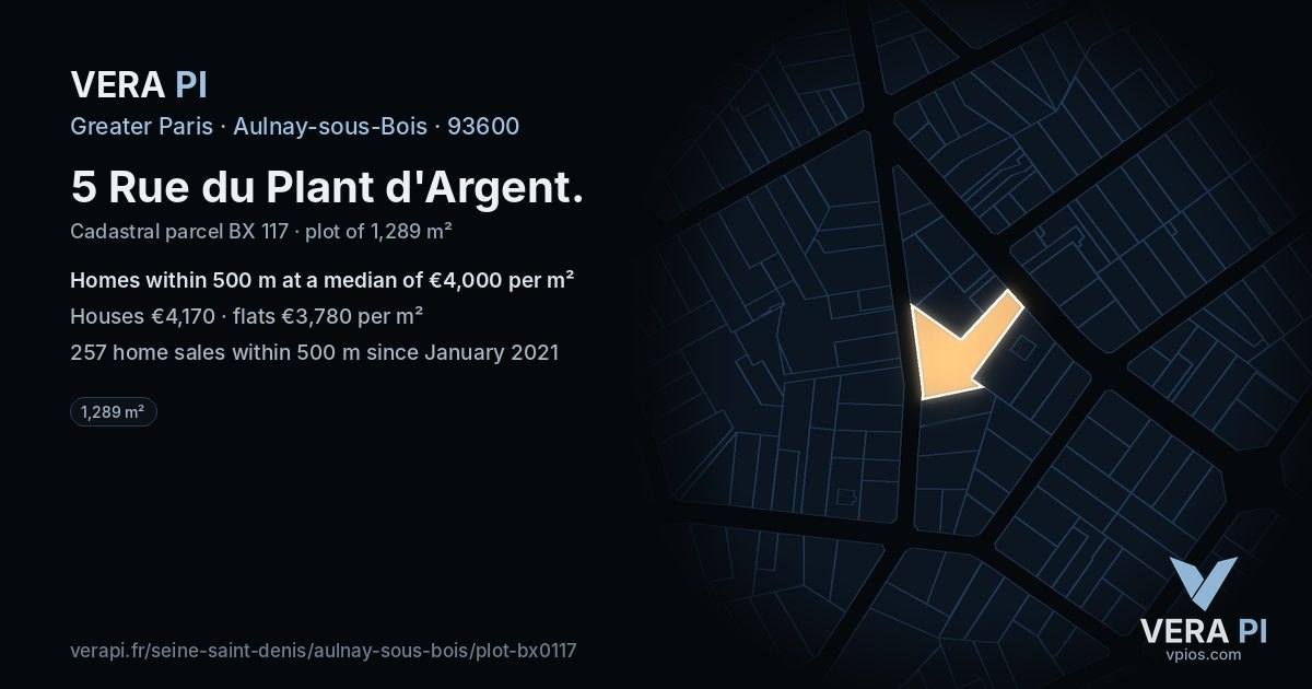 5 Rue du Plant d'Argent, Aulnay-sous-Bois at night – the plot lit, the parcels around coloured by the prices near them