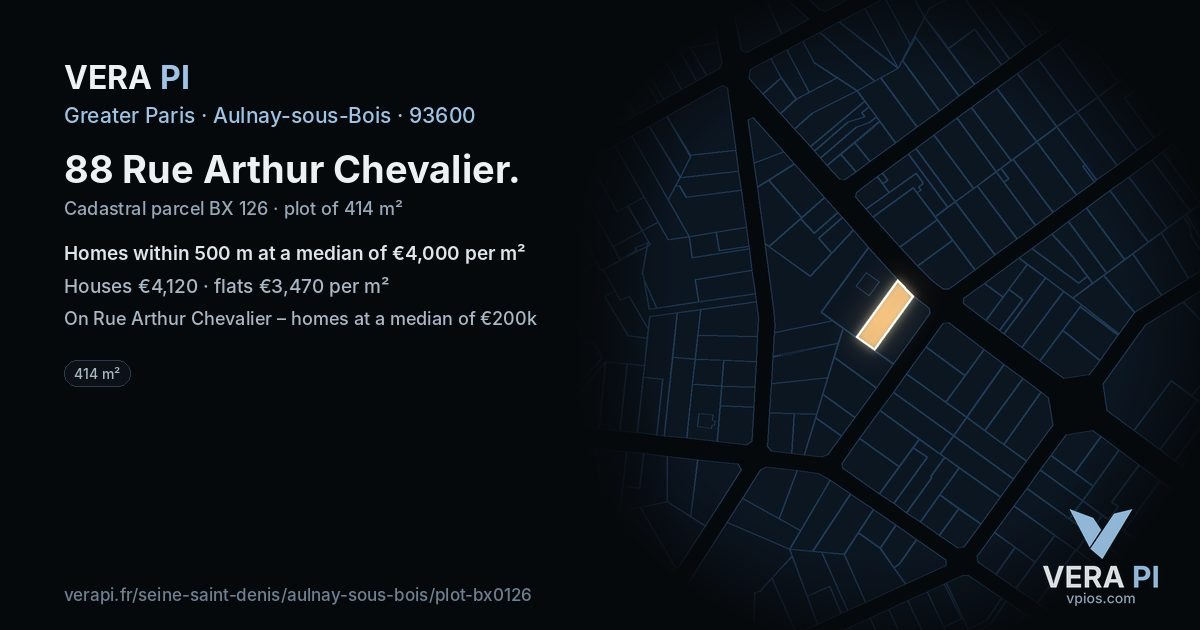 88 Rue Arthur Chevalier, Aulnay-sous-Bois at night – the plot lit, the parcels around coloured by the prices near them